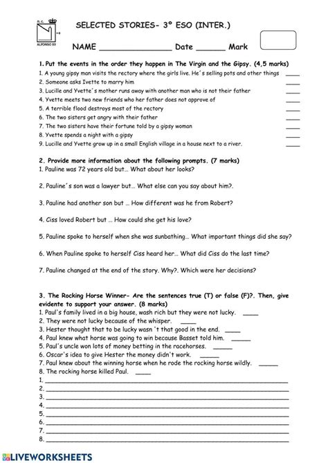 Worksheet Selected Stories