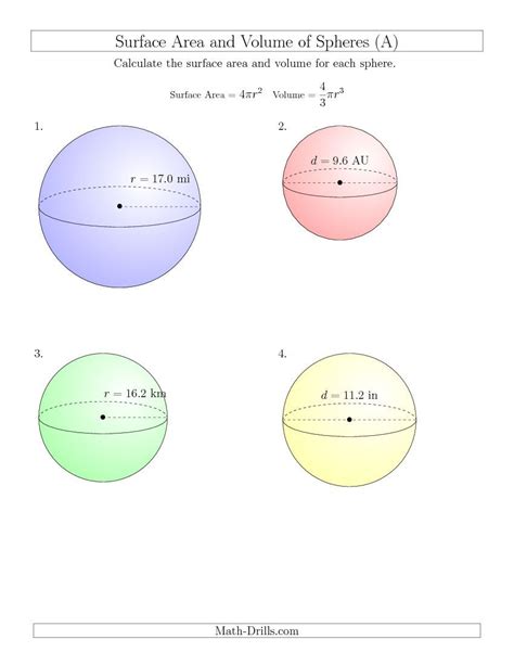 Worksheet To Calculate Sphere Volume Amp Surface Area Surface Area Of A Sphere Worksheet - Surface Area Of A Sphere Worksheet