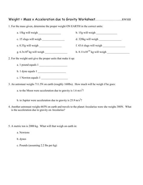 Worksheet Weight Mass X Acceleration Due To Gravity Gravity And Acceleration Worksheet - Gravity And Acceleration Worksheet