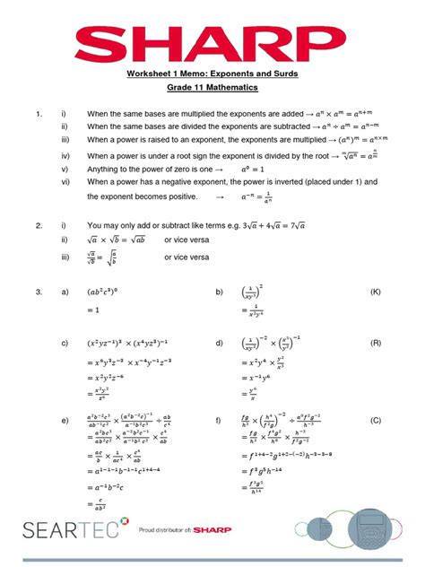 Download Worksheet 1 Memo Exponents And Surds Grade 11 Mathematics 