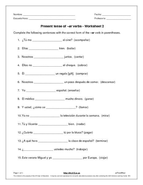 Full Download Worksheet 2 Present Tense Of Ar Verbs 
