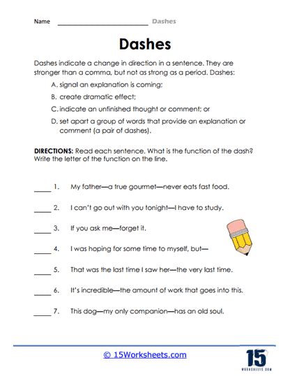 Worksheets Dashes Worksheet With Answers - Dashes Worksheet With Answers