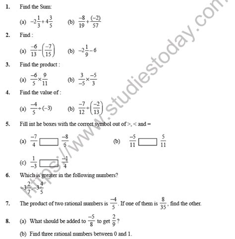 Worksheets For Class 7 Rational Numbers Studiestoday Rational Number Worksheets Grade 7 - Rational Number Worksheets Grade 7