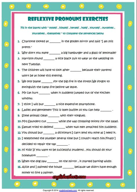 Worksheets Pdf Exercises Reflexive And Reciprocal Pronouns Reflexive Pronoun Worksheet Grade 6 - Reflexive Pronoun Worksheet Grade 6