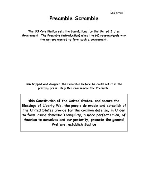 Worksheets The Preamble Worksheet Answers - The Preamble Worksheet Answers