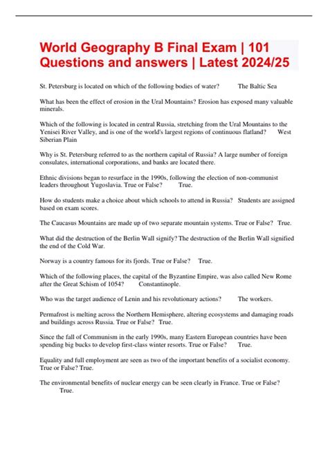 World Geography Final Exam Study Guide Answers