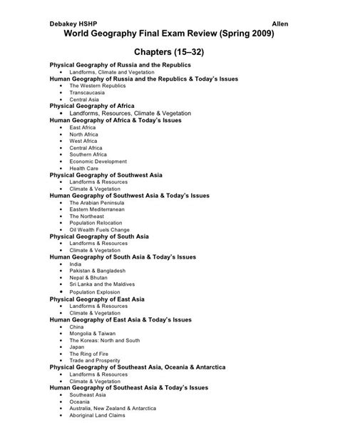 World Geography Spring Final Exam Review