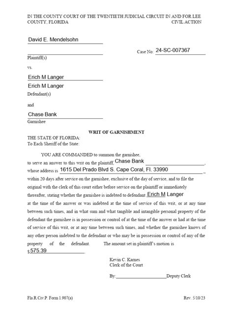 Writ Of Garnishment In Aid Of Writ Of Attachment Co Courts