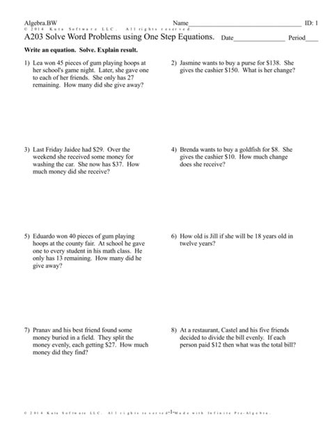 Write One Step Equations Word Problems Worksheet Bytelearn Writing One Step Equations Worksheet - Writing One Step Equations Worksheet
