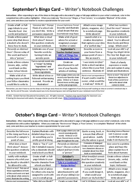 Writers Notebook Bingo