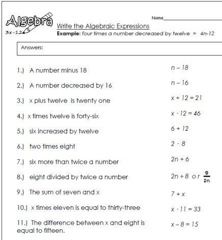 Writing Algebraic Expressions Worksheet With Answers   Algebraic Expressions Worksheets 3 Lesson Plans - Writing Algebraic Expressions Worksheet With Answers