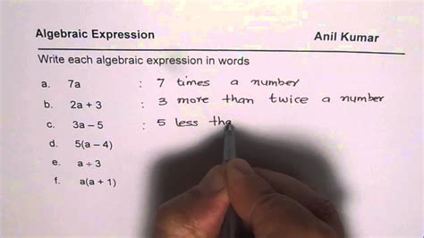 Writing Algebraic Expressions Writing Expressions With Writing Expressions With Variables - Writing Expressions With Variables