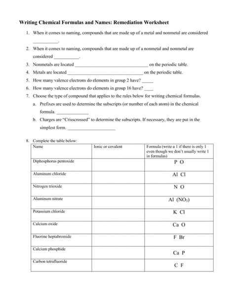 Writing Chemical Formulas And Names Remediation Worksheet Writing Chemical Formulas Worksheet With Answers - Writing Chemical Formulas Worksheet With Answers