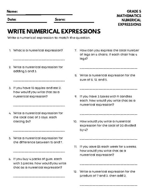 Writing Numerical Expressions Practice