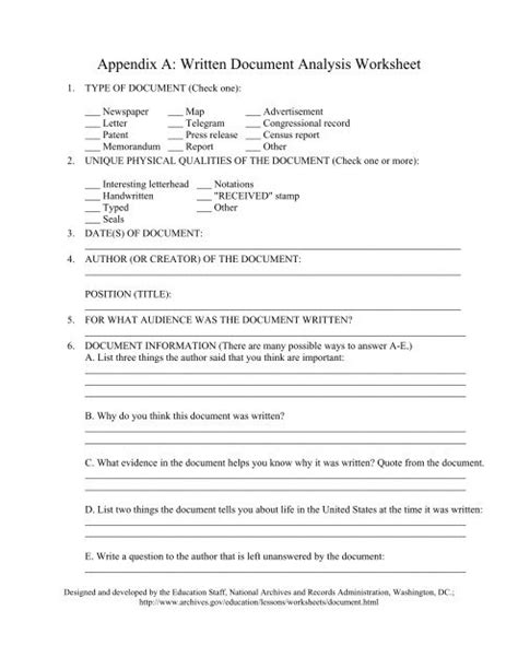 Written Document Analysis Worksheet Answers