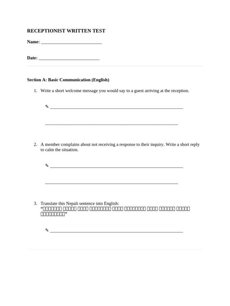 Written Test Of Receptionist