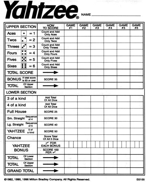 Yahtzee Game Score Sheet