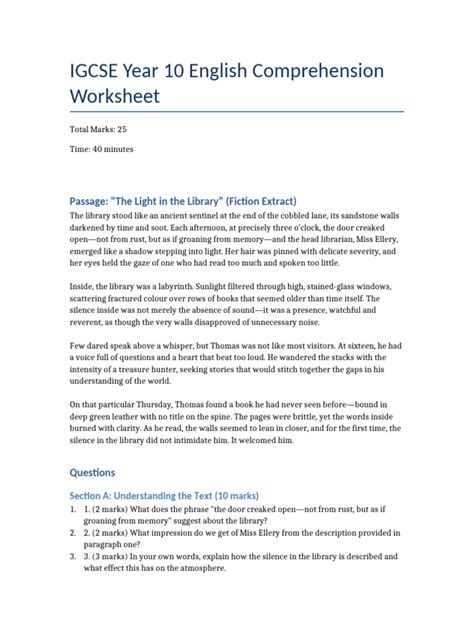 year 10 english comprehension exercise