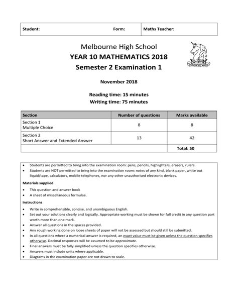 Year 10 Maths Exam Papers And Answers