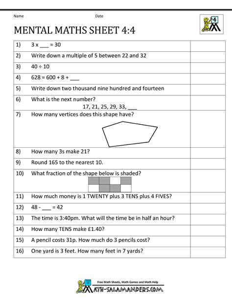 Year 4 Maths Test Papers