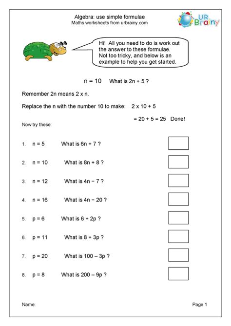 Year 6 Simple Algebra And Simple Formulae Resources Using Formulas Worksheet - Using Formulas Worksheet