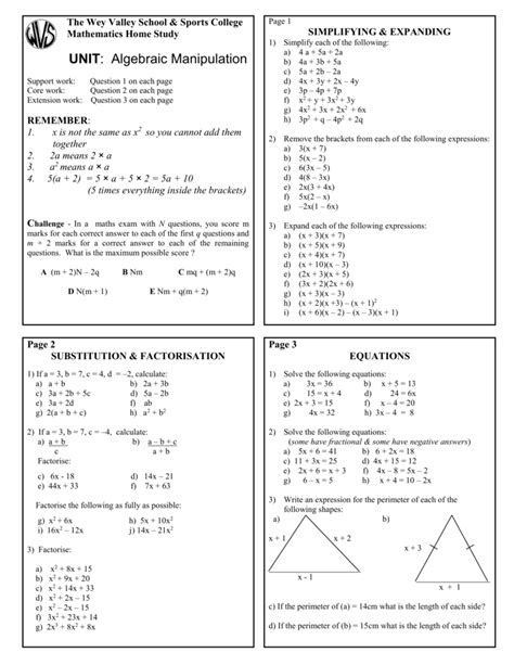 Year 7 Algebra Revision Algebraic Manipulation Maths Algebraic Manipulation Worksheet - Algebraic Manipulation Worksheet
