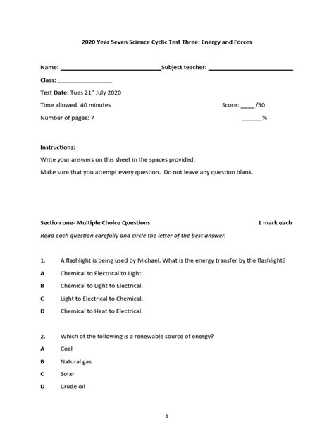 Year 7 Science Forces Test Papers