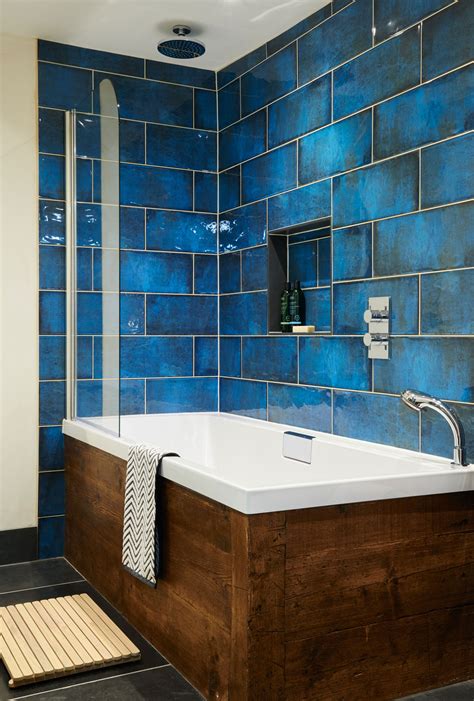 Yellow And Blue Tile Bathroom