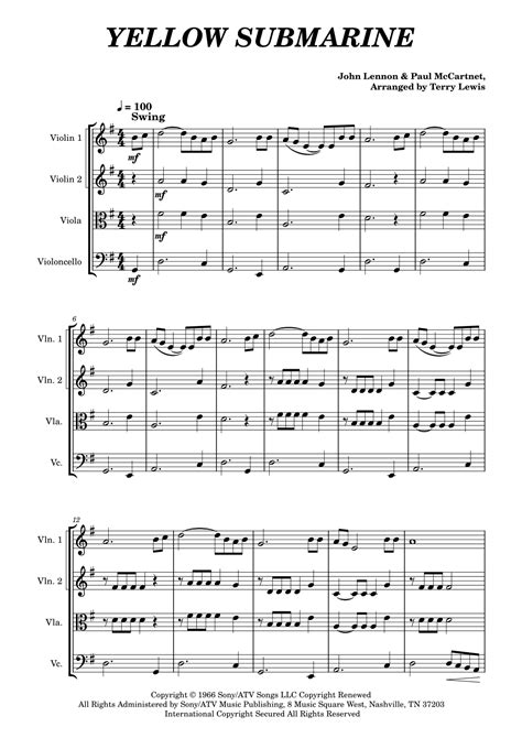 yellow submarine string quartet sheet music
