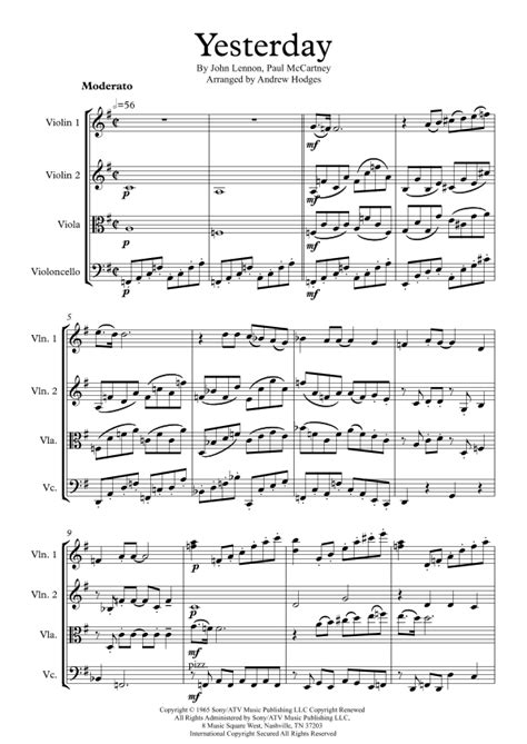 Yesterday Beatles String Quartet Sheet Music