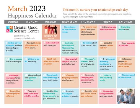 Your Happiness Calendar For March 2024 Greater Good Science Topics Ideas - Science Topics Ideas