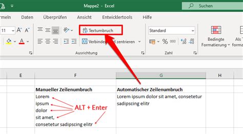 zeilenumbruch in einer zelle excel