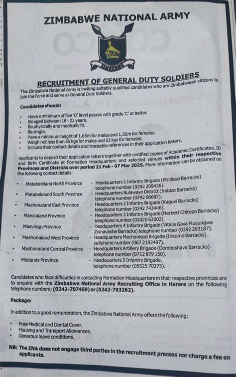 zimbabwe national army intake dates 2014