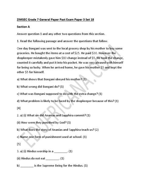 Zimsec Grade 7 General Paper Examination Questions