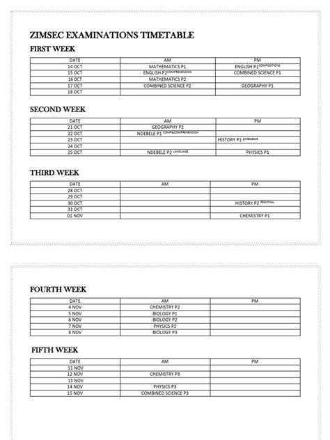 Zimsec June 2015 Time Table