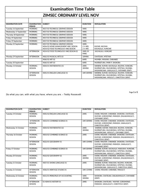 Zimsec November A Level Time Table 2014