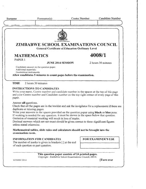 Zimsec O Level June 2014 Timetable