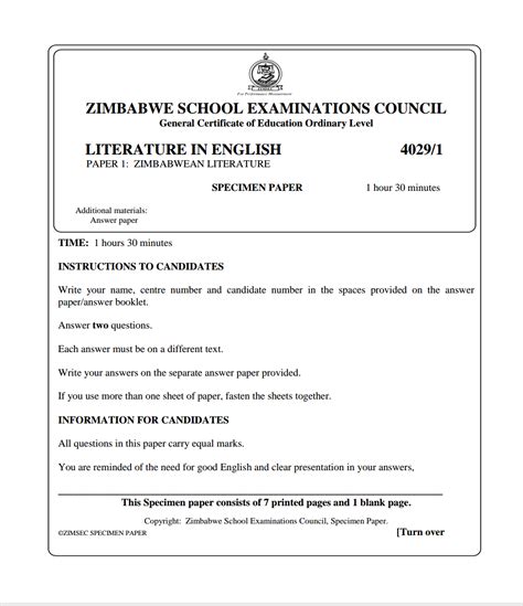 zimsec o level literature 2014 setboo