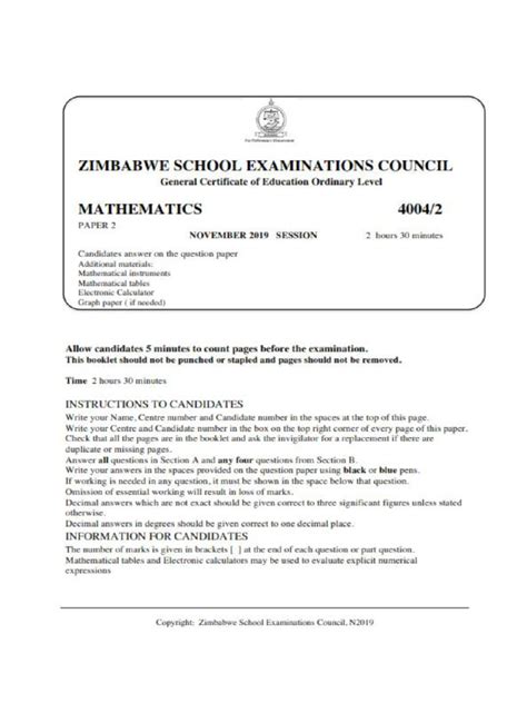 Zimsec O Level Mathematics Paper 1 2014