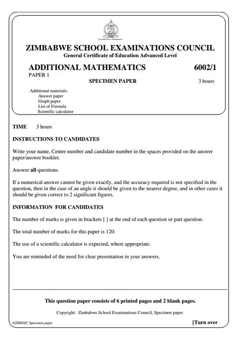 Read Online Zimsec Advanced Level Mathematics Examination Question Papers 