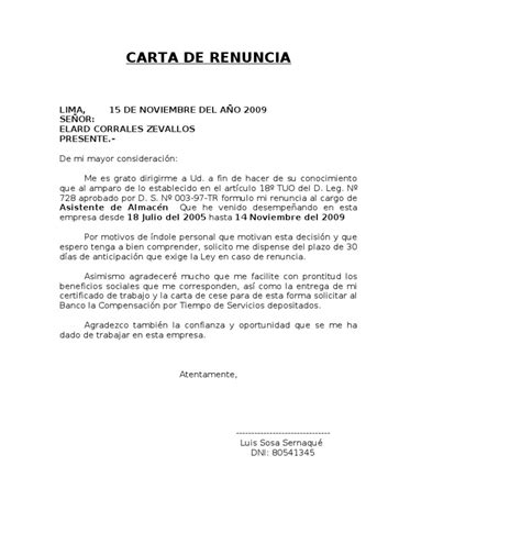 Ejemplo De Carta De Renuncia De La Junta